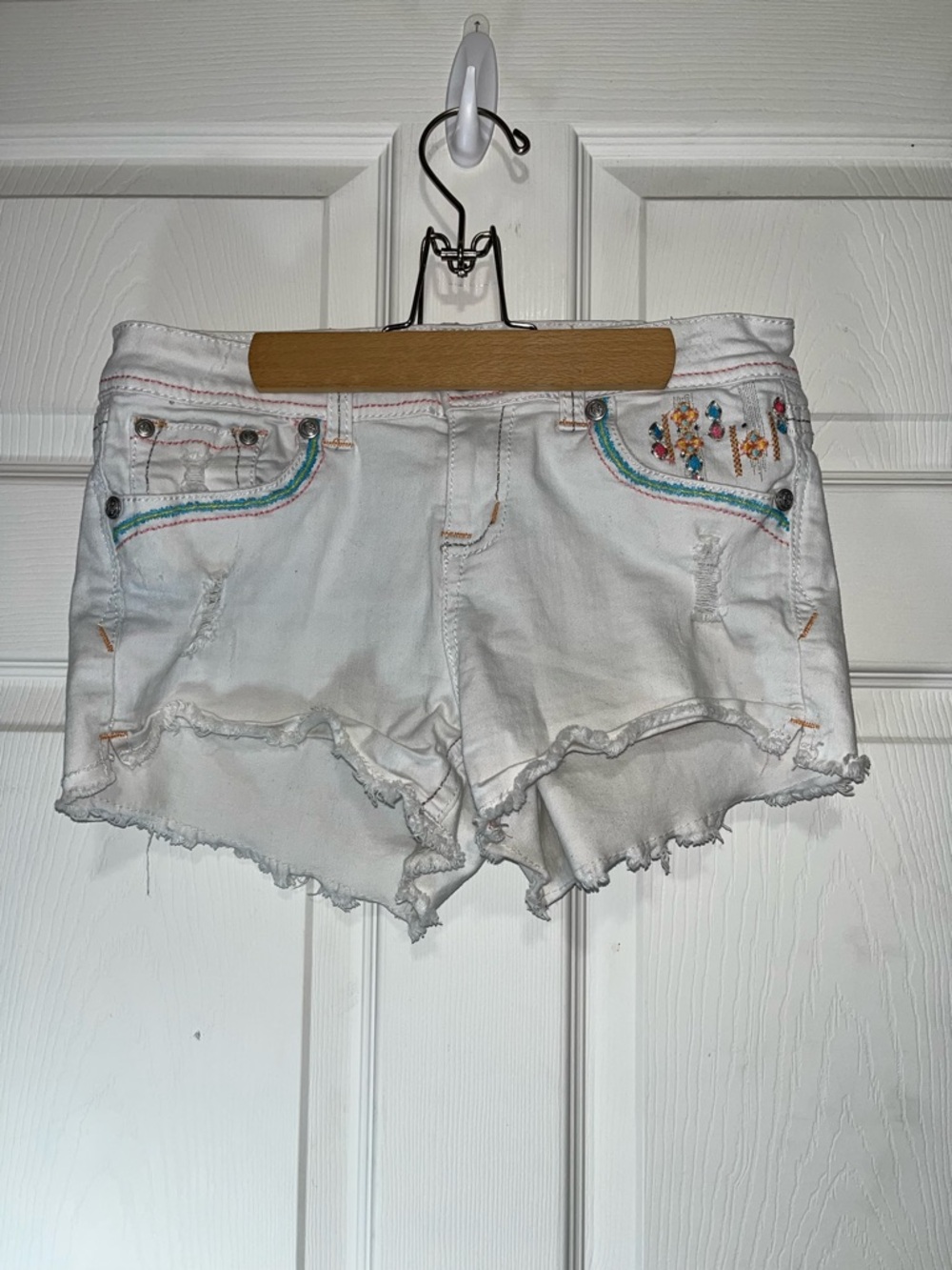 Grace in LA White Distressed Denim Shorts with Color Embroidery